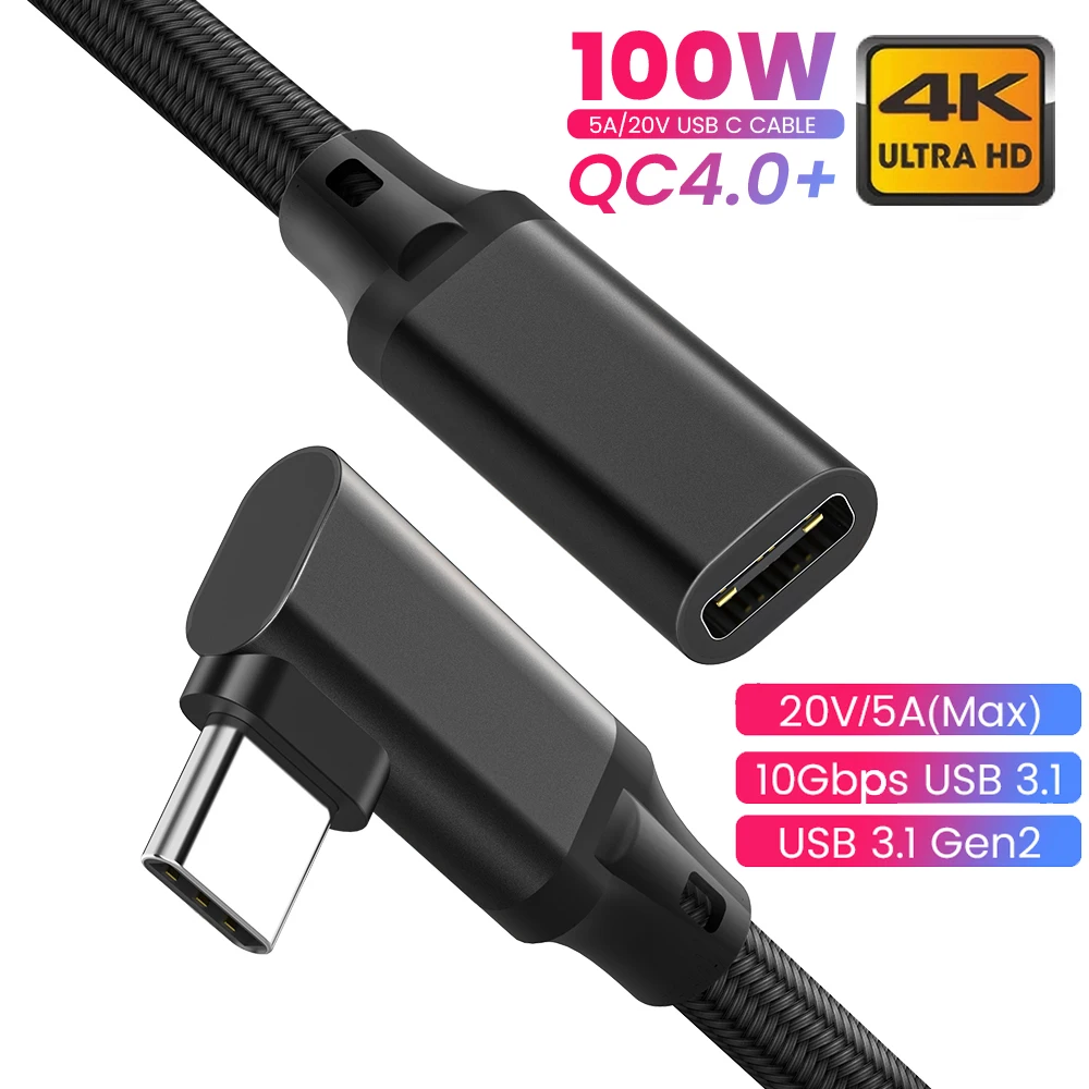HD 4K USB C Extension Cable 100W PD 5A Right Angle Bend 90 Degree Gen 2 USB 3.1 Type C Extension Cord For Macbook Samsung Laptop