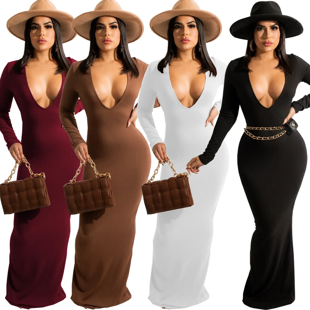 

Sexy Women Long Bodycon Dress Deep V Neck Long Sleeve Robe Female Knitted Party Club Vestidos Women Maxi Dresses