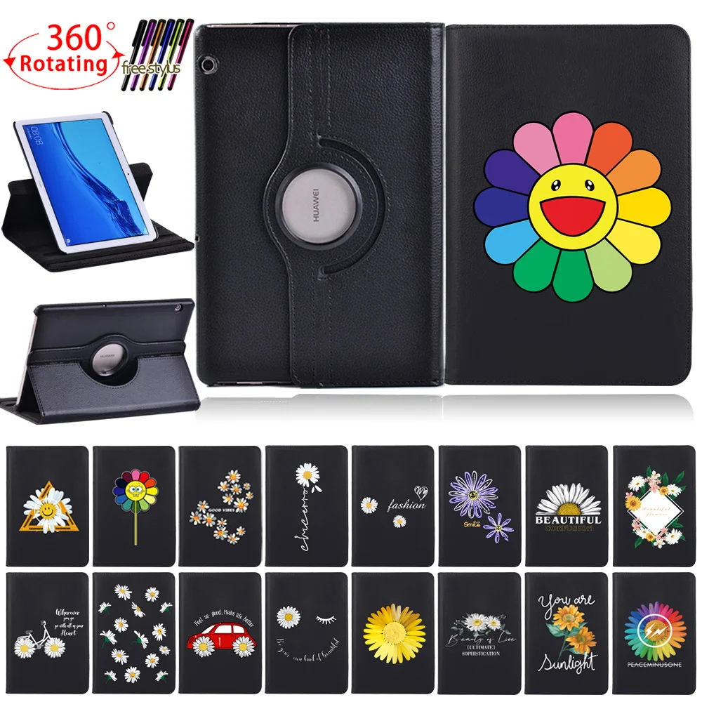 

Flower Rotating Stand Tablet Case For Huawei MediaPad T3 10 9.6"/MediaPad T5 10 10.1" Pu Leather Protective Cover+ Free Stylus