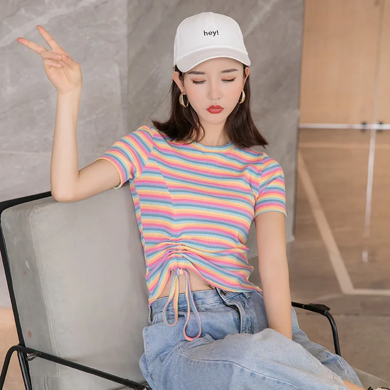 

2021 Fashion new rainbow striped t-shirt women's summer trim knitted rope short-sleeved women's T-shirt cotton