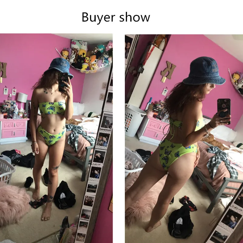 

Swimsuit For Women 2021 Butterfly Print Lace Up Sexy Bikini Tube Top Swimwear Bathing Suits Summer Clothes Beach 2 Piece Set