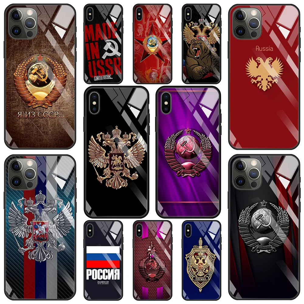 

Tempered Glass Case For iPhone 14 13 12 11 Pro Max 12Mini X XR XS Max 8 7 6s Plus Silicone Phone Shell Russia Flag Emblem