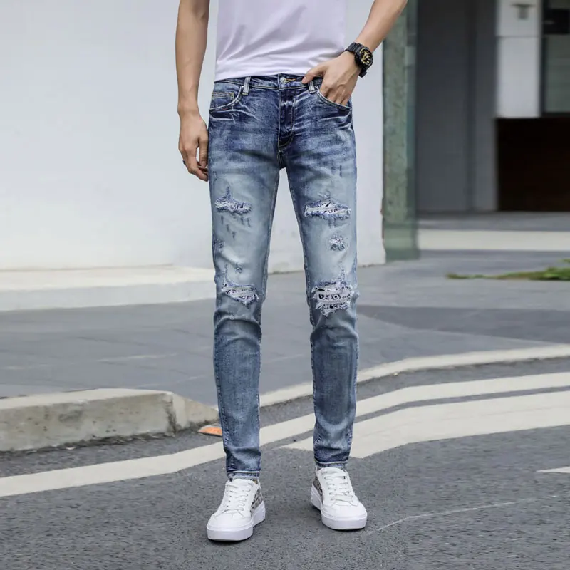 American Street Style Fashion Men Jeans Elastic Retro Blue Slim Fit Ripped Jeans Men Patches Designer Hip Hop Denim Punk Pants