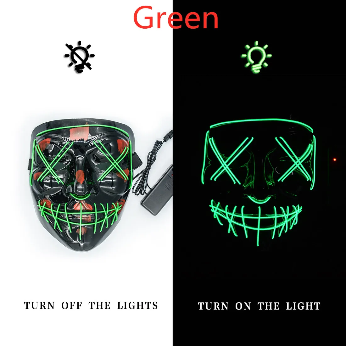 green Маска на Хэллоуин, светодиодный Вечерние Маски страшные маски, неоновые маски, Маска карнавальная, страшная маска, светящаяся маска, череп, маска, карнавал V - Цвет: green