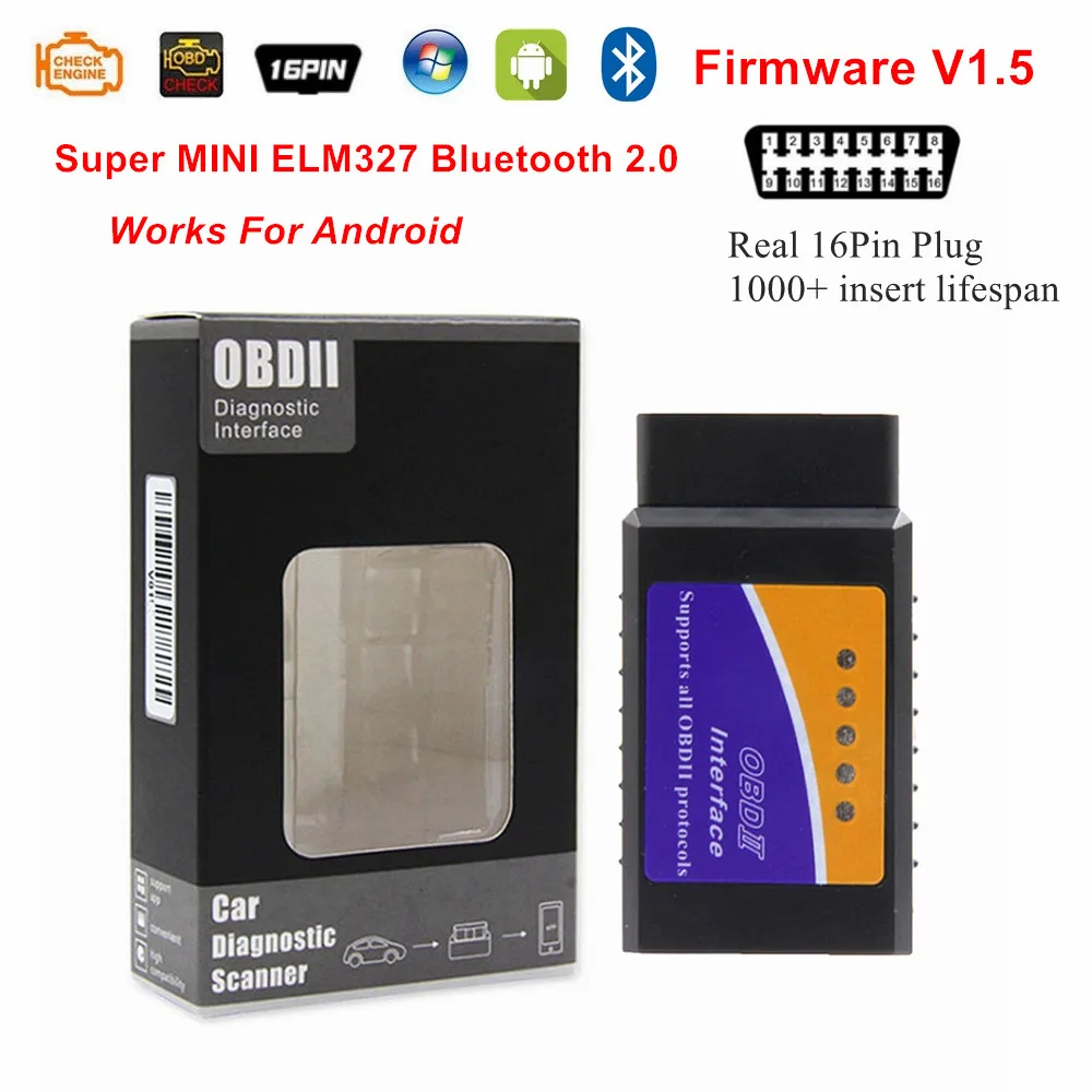 Новейший ELM327 V1.5 OBD2 сканер Bluetooth2.0 без чипа PIC18F25K80 для Android/Window Super MINI OBDII считыватель