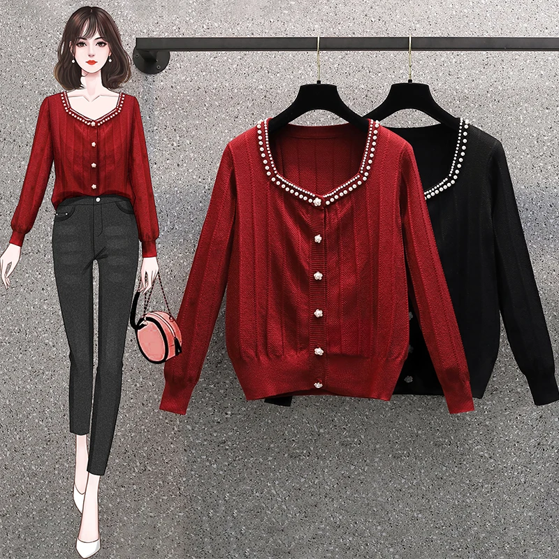 

Black Red Pearl Plus Large Size Oversize Korean Style Fashion Pullovers For Autumn Women'S Clothing Ladies Sweater 2021 Tops