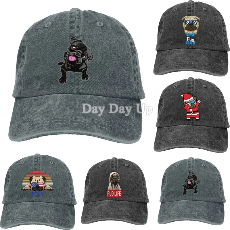 

Pug Dog with American Flag Hat Unisex Adjustable Dad Casquette Caps Washed Denim Hat for Outdoor for Pug Lover