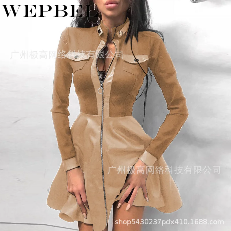 

Осеннее мини-платье WEPBEL с высокой талией, воротником-стойкой и длинным рукавом, женское сексуальное однотонное платье в стиле пэчворк