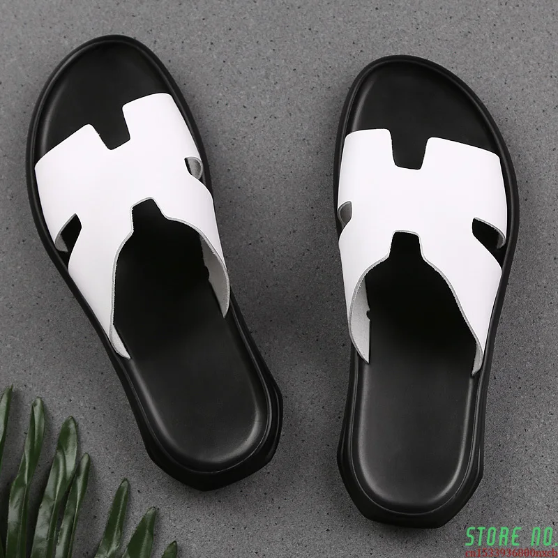 hot sale genuine leather men slippers outside black white shoes casual soft flip flops brand male shoes cool beach summer slides free global shipping