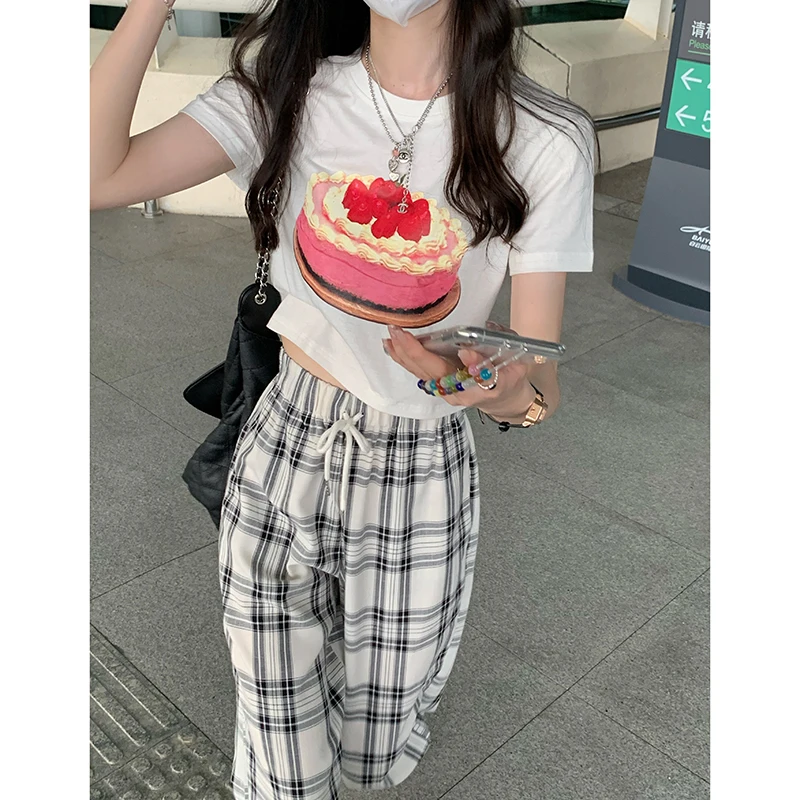 

Summer new style loose high waist lace-up plaid straight leg casual pants women