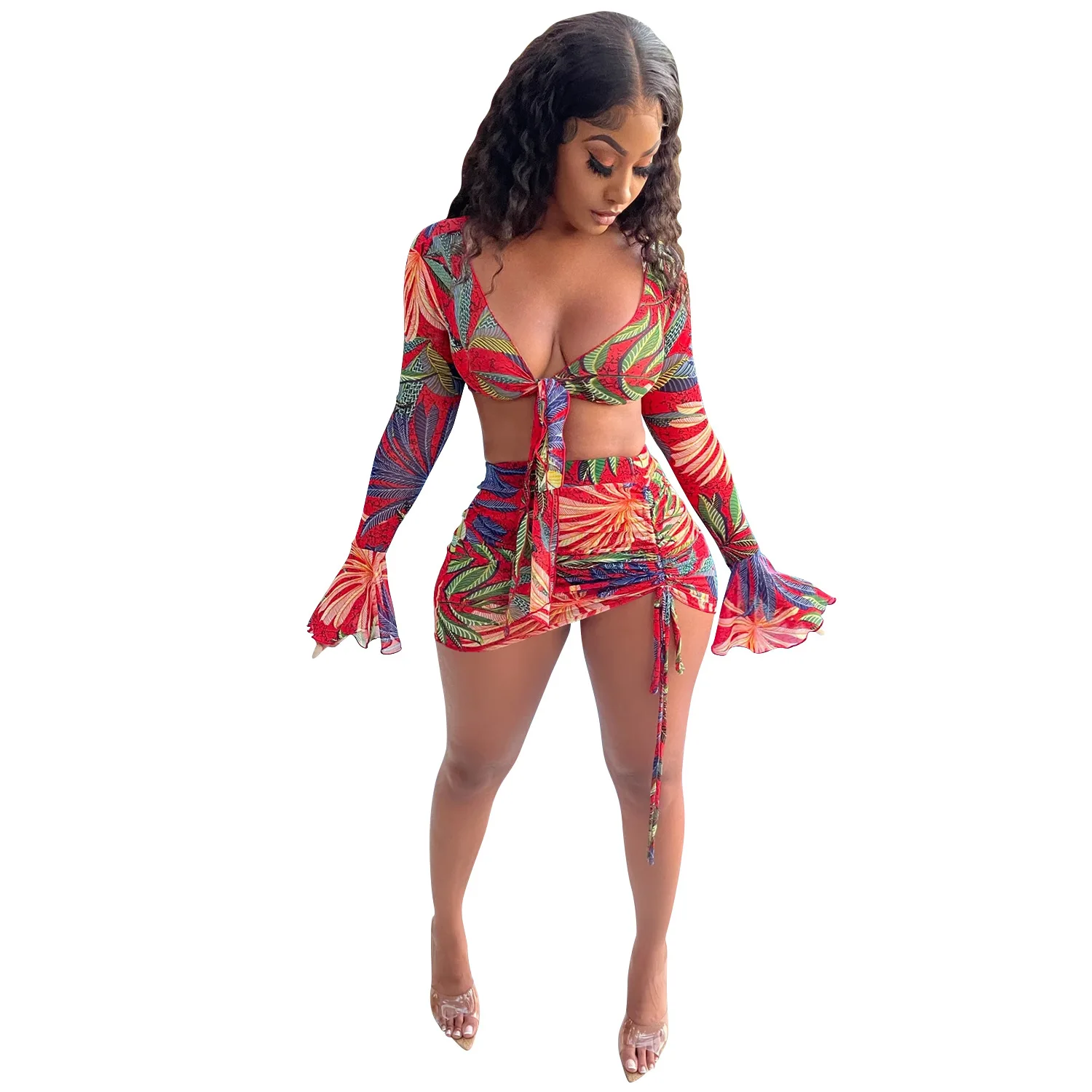 

SUJYing Summer Fashion Digital Printing V-Neck Bandage Long Sleeve Drawstring Skirt Two Piece Women's Set