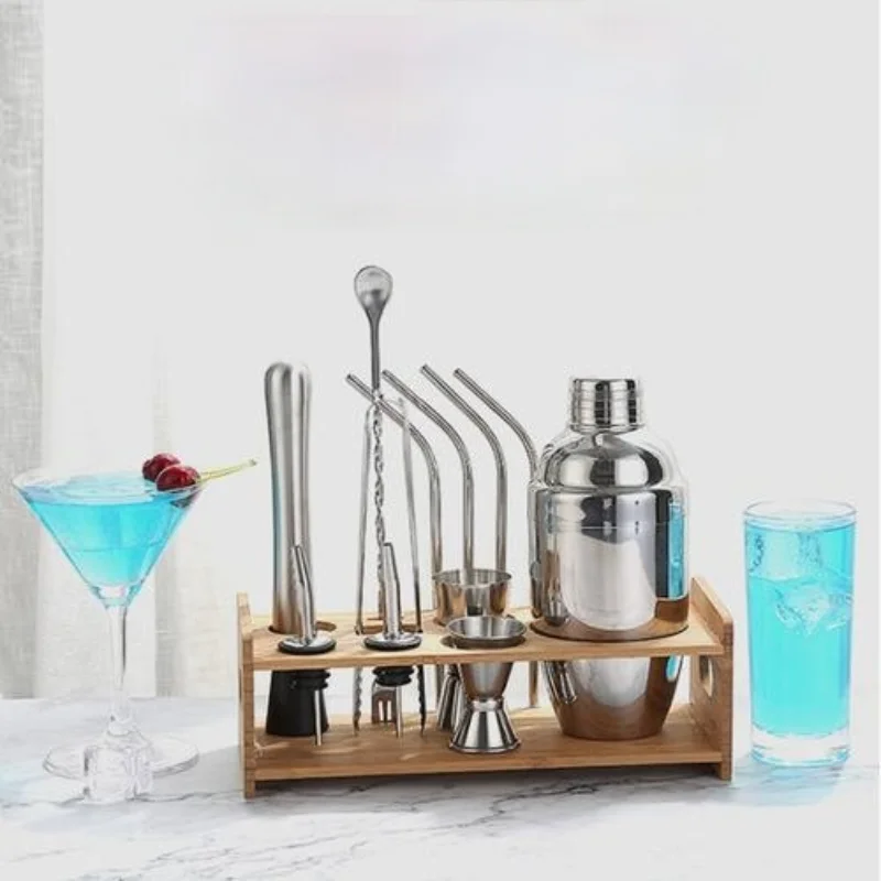 

Cocktail shaker set Stainless Steel Cocktail Shaker Kit Bar with Wooden Base Barware Tools Bartender Browser Kit Bar Set