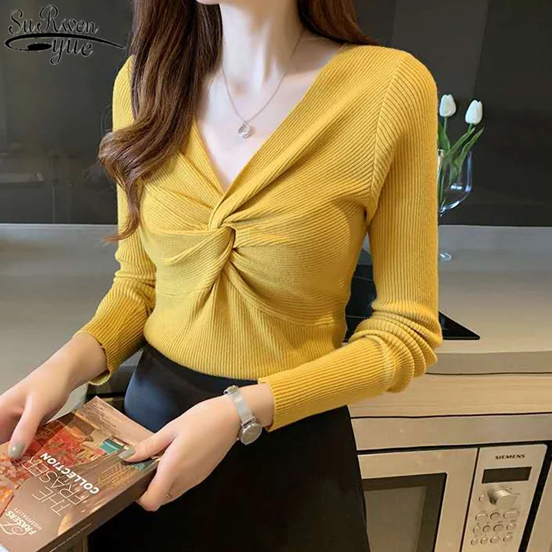 Свитер с v-образным вырезом однотонный осенне-зимний свитер Женский пуловер