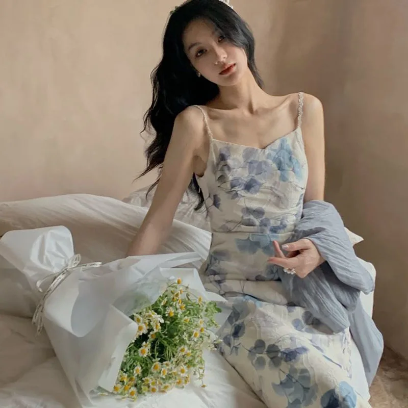 

Korean Style Elegant Floral Dress Women Long Sleeve Vintage Midi Dress Thin Slim Sexy Party Dress for Females 2021 Summer Chic