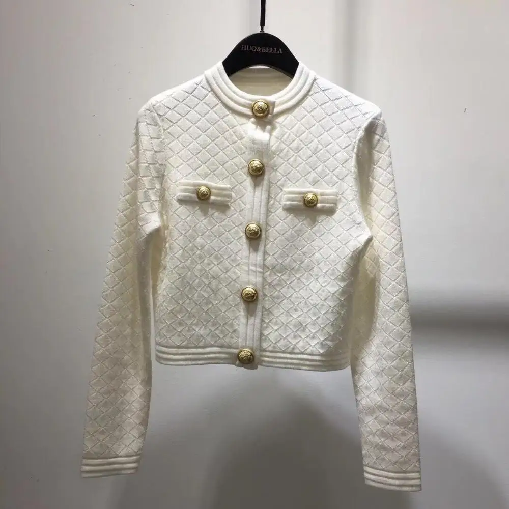 Autumn Winter Metal Buttons Cardigan Women 2020 Elegant O-neck Long Sleeve Casual White/Black Knitted Sweater |