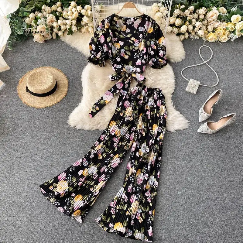 

Women Summer Bohemian Floral Set V Neck Puff Sleeve Short Tops+High Waist Pleated Wide Leg Long Pants Two Pieces Suits