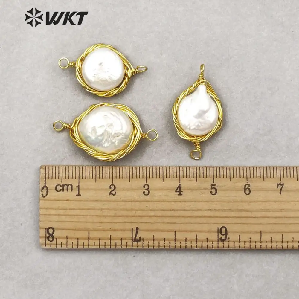 

WT-C285 WKT Gold Wire Wrapped Natural Pearl Round Shape Double Hoops Connector Pendant For Jewelry Making