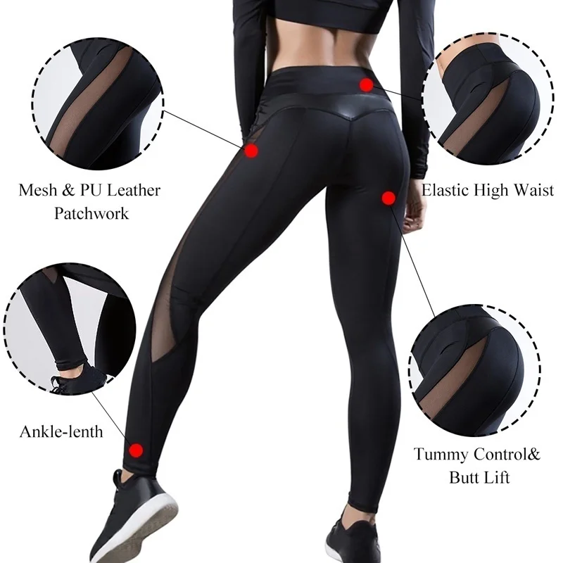 

High Waist Tummy Control Sport Yoga Running Pants Fashion Women's Stretchy Mesh Leather Patchwork Gym Fitness Leggings
