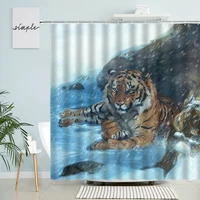 tiger shower curtain wild animal beasts winter nature snow oil painting art bathroom decor with hook waterproof polyester screen