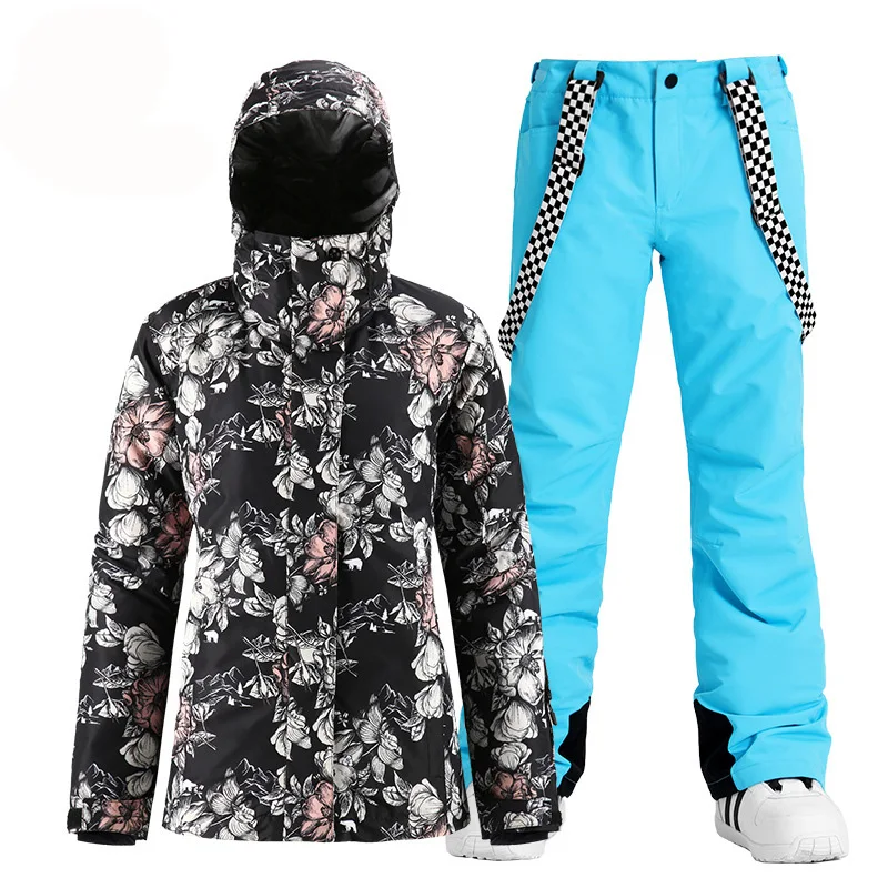Модные чёрные цветы с защитой от снега костюм Одежда для катания на сноуборде