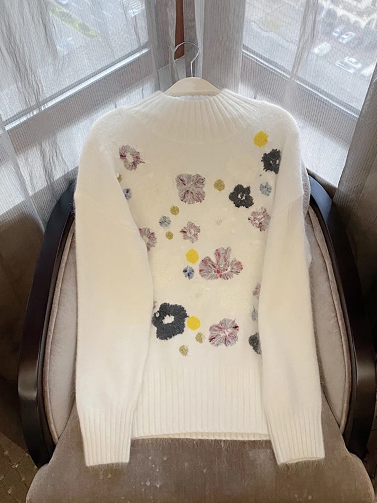 

Blue embroidered white sweater for women in autumn and