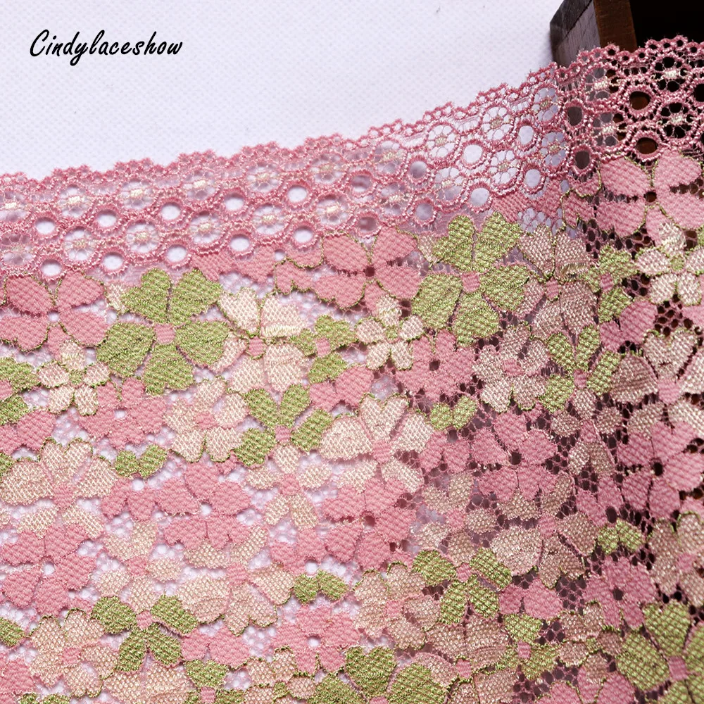 Эластичная кружевная отделка с розово-зеленой цветочной вышивкой 18 см в ширину