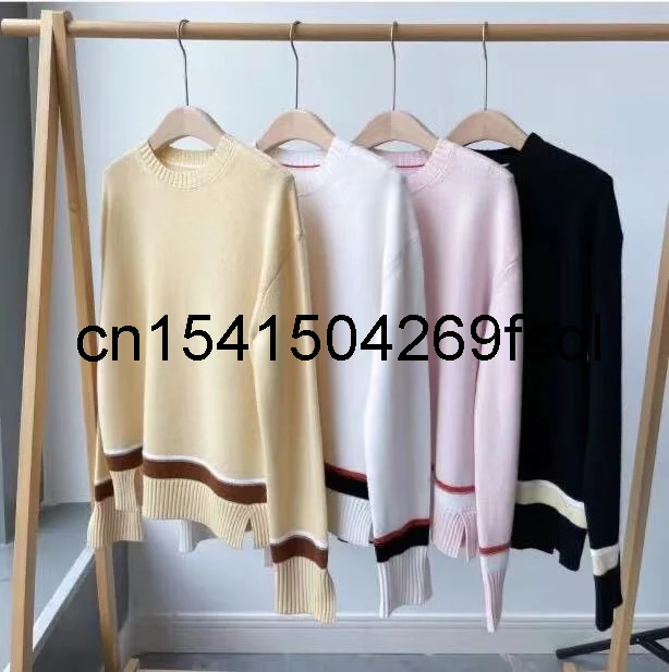

New 2021 Autumn Winter Women's Long Sleeve Cashmere Pullover Color Patchwork O-Neck Sweater Runway Pullover