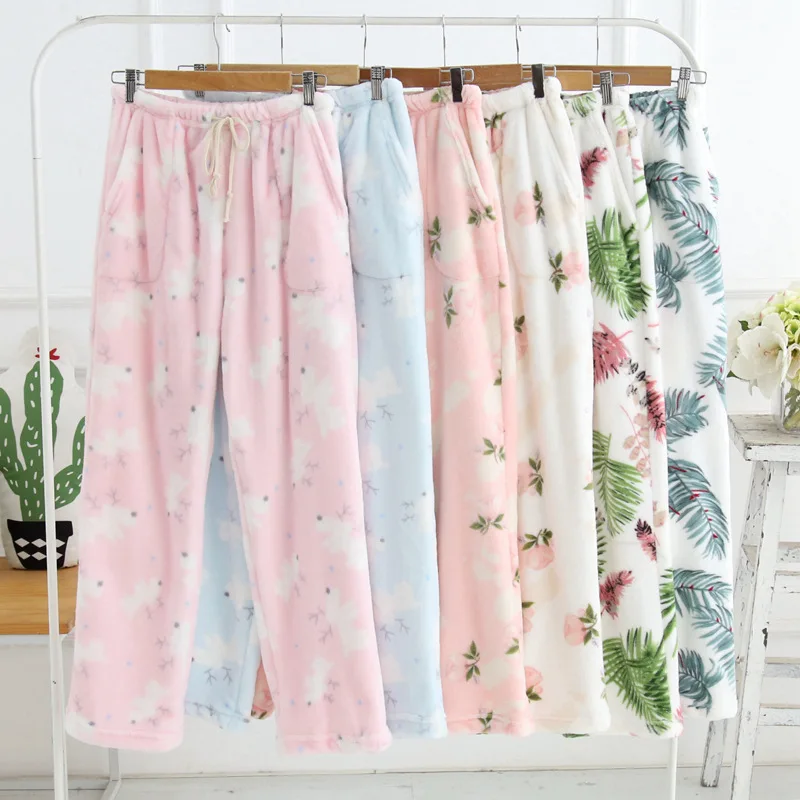 Зимние женские теплые бархатные брюки пижама с эластичным поясом фланелевые