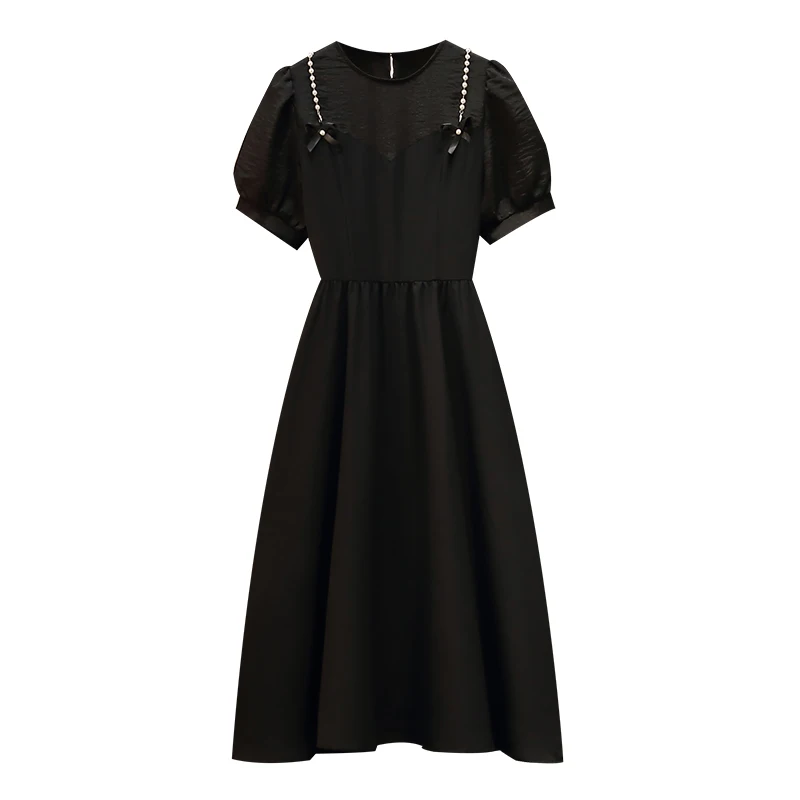 

2021 Summer Pullover Patchwork Fake Two Piece Dress For Women Short Sleeve O-Neck Beading Straps Loose Waist Casual Dresses