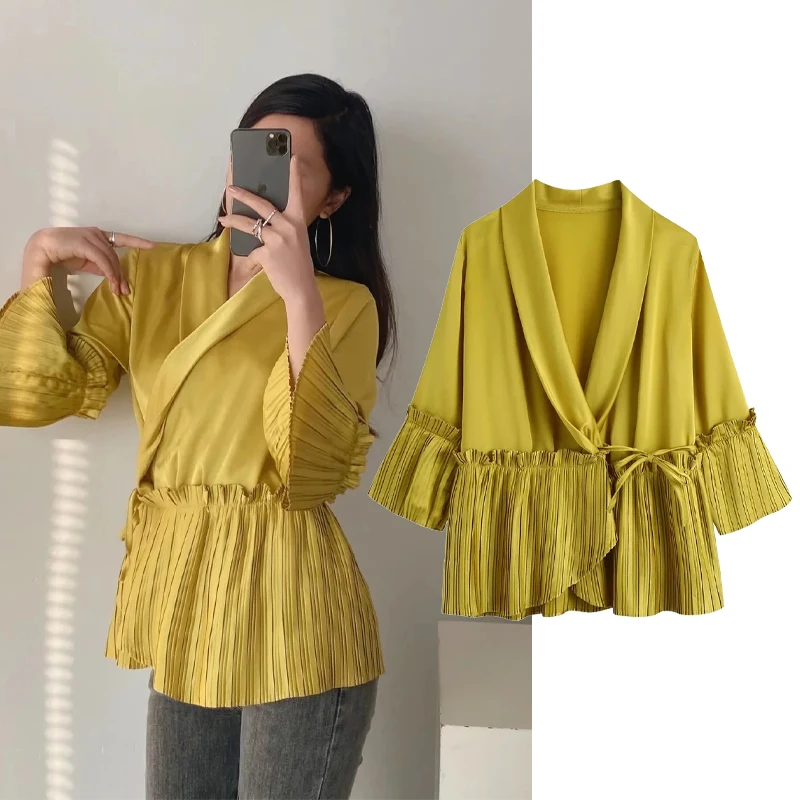 

Женский кардиган с рюшами Za, Повседневная рубашка со складками и V-образным вырезом, блуза с длинными рукавами в стиле ретро, 2022