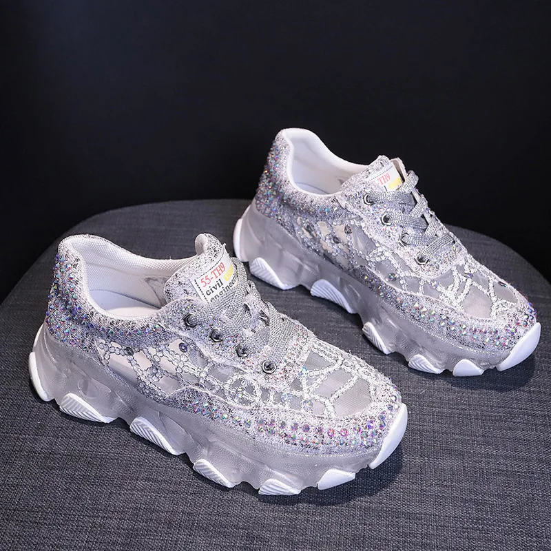 

Women Net Rhinestone Transparent Jelly Platform Sneakers,Casual Lace Up Thick Sole Shoes,Tennis Shoe,Running Shoes,Size 35-40
