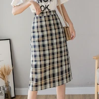 wishertong vintage plaid skirt hight waist womens pencil skirt korean fashion back split green skirts spring 2022 jupe femme