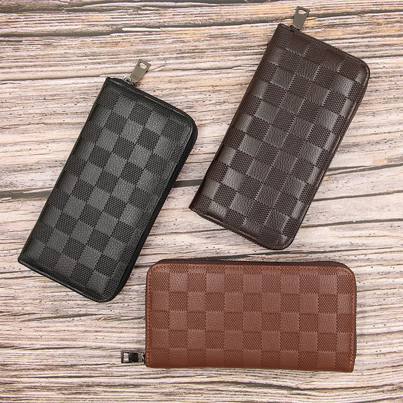 

Coin Holders for Men Business Billetera Birthday Gifts Plaid Pattern Design Long Wallet Multi Color Zipper Close Folder Cash