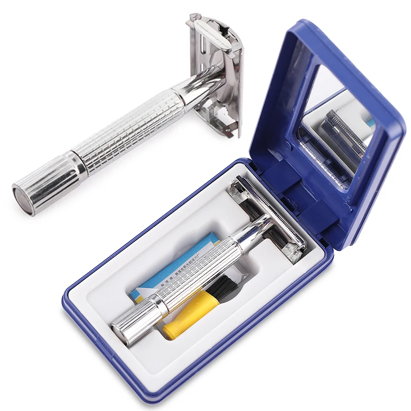 1Set Doppio Bordo Barba Rasatura Capelli Tradizionale Classico Barba Rasoio Rasoio Sicurezza Acciaio Inossidabile Mens Trimmer Lame + Scatola