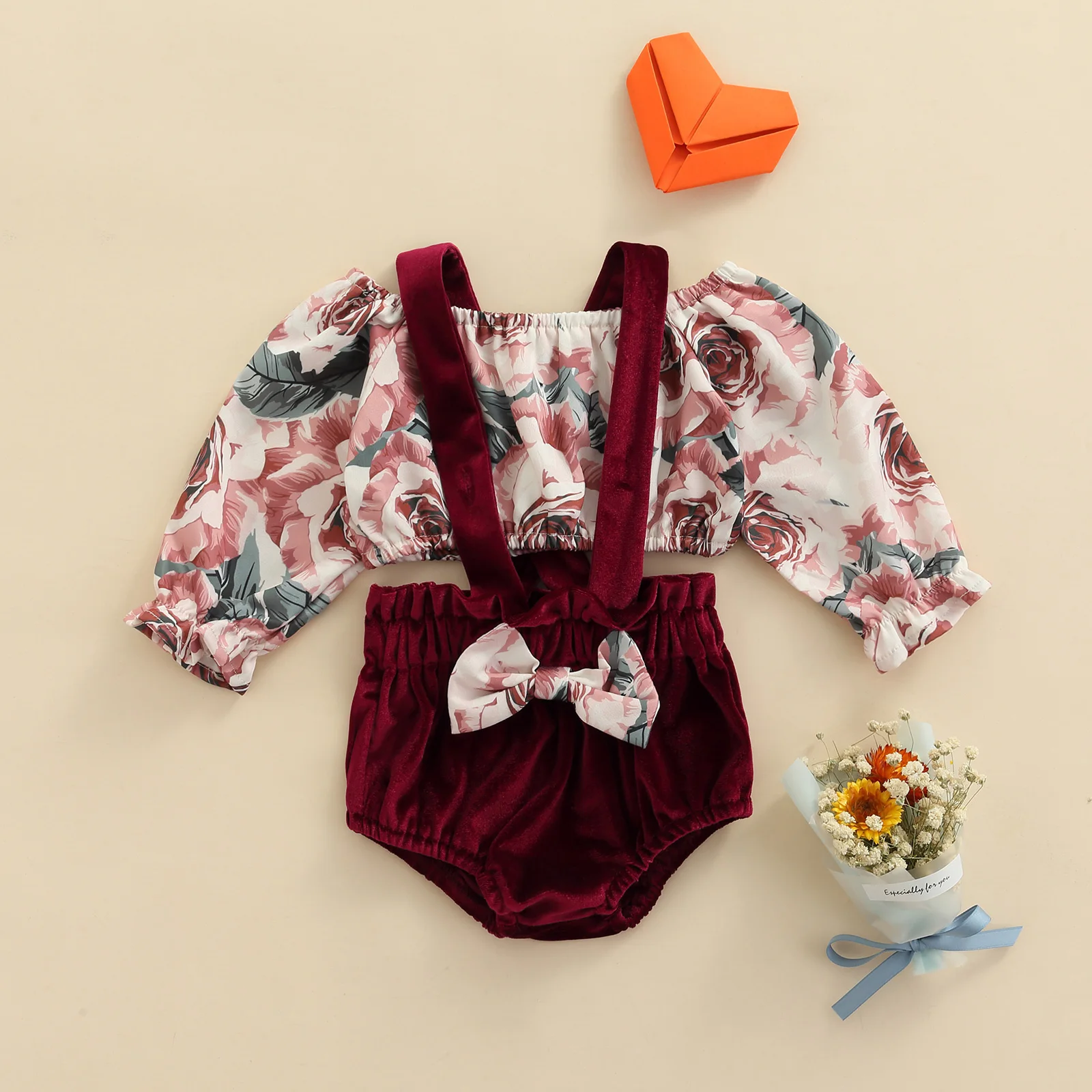 

Baby Girls Two-piece Clothes Set Floral Printed Pattern Tops Suspender Shorts costumes Toddler Girl Clothes 0-18 Months