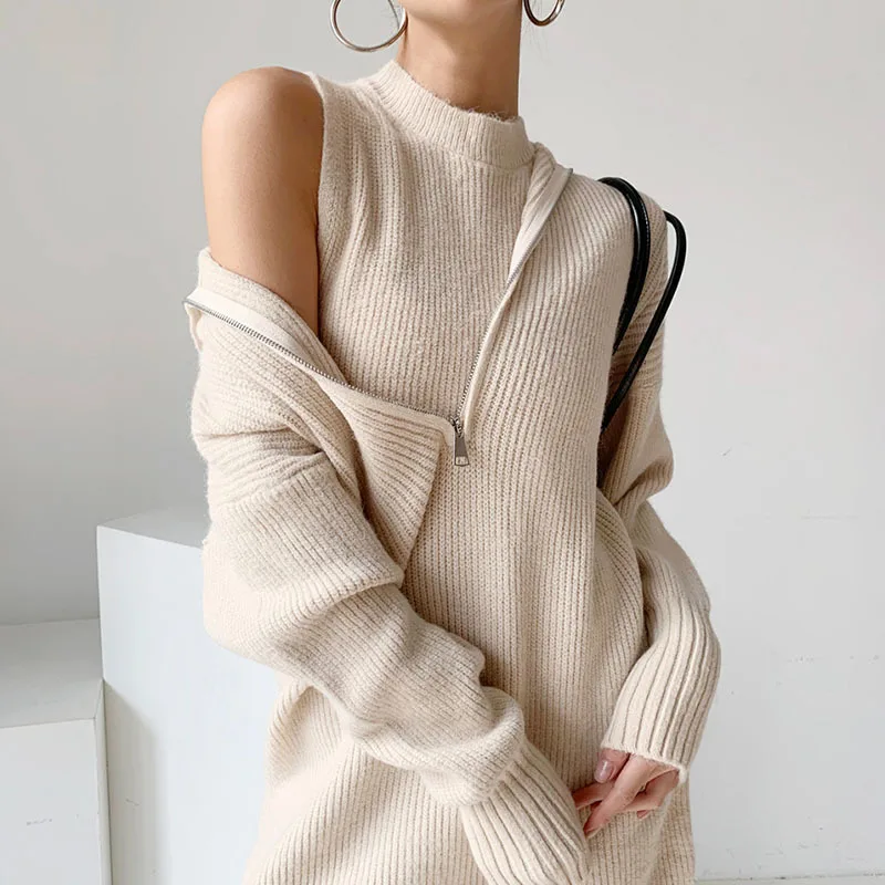[EWQ] Spring 2022 Temperament Women New Solid Color Stand Neck Knitting Vests + Sailor Collar Zipper Design Sweater Dress 6R1347 |