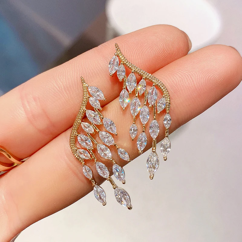 

New Trendy 14K Real Gold Plated Wings Water Drop Design Tassel Drop Earrings for Women Jewelry AAA Zircon S925 Silver Needle
