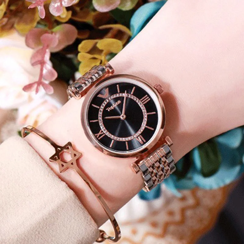 Женские модные черные часы из нержавеющей стали Кварцевые водонепроницаемые