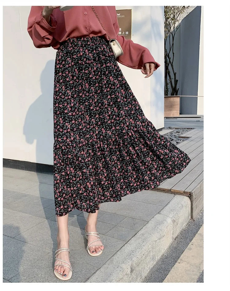 

Summer Flower Print High Waist A Line Skirt Chiffon Midi Skirts For Women Floral Skirt Midi Women Chiffon Floral Skirts Womens