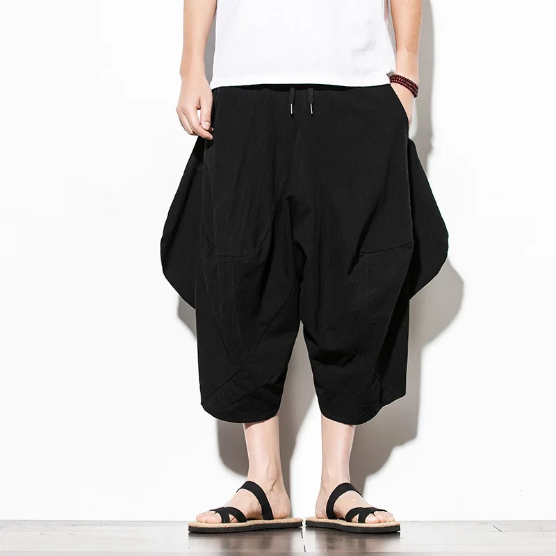 

2020 Summer New Cotton and Linen Men's Casual Cropped Pants Retro Large Size Fashion Wide Leg Pantalon Hip Hop Harem Pants