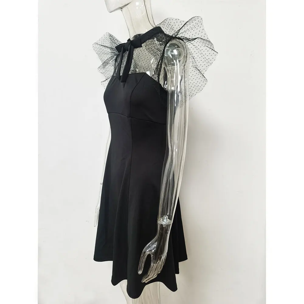 

Sexy mesh stitching retro A-line dress bowknot party dress Perspective night club wear 2020 new design women girls black dress