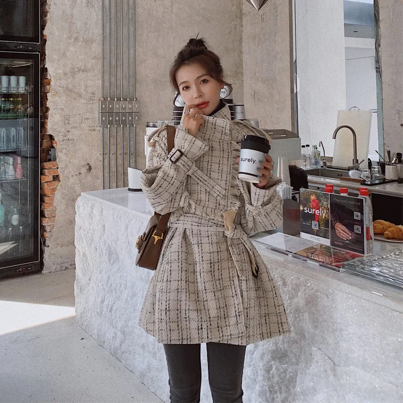 

Streetwear Women Tweed Coat Autumn Winter Medium Long Loose Plaid Woolen Jackets Elegant Sashes Straight Black Party Overcoat