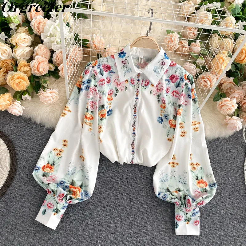 

Spring Fall New Women's Blouse&Shirt Chic Palace style Floral Printting Lantern Sleeve Lapel Casual Femme Shirt All-macth Tops