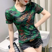 short sleeve t shirt women vintage hit color camouflage letter print t shirts 2021 summer mesh top ladies tees shirt ropa mujer