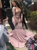 long sleeve mermaid prom dresses 2019 new sequined deep v neck sweep strain illusion formal evening dress party gowns custom