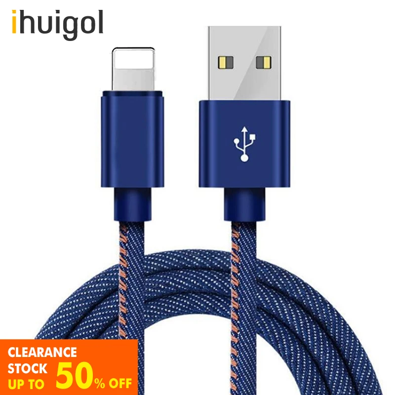 

ihuigol 1m Demin Braided USB Charger Gold-plated Plug Fast Charge For iPhone 5 6 7 8 Plus For iPad Adapter Data Cable USB Cable