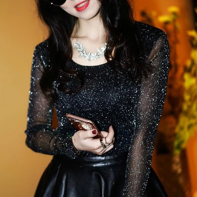 

Transparent knitted shirt, long sleeve, transparent and elegant women's shirt of fashion for women, spring and summer, 2021