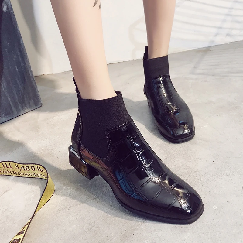 2021 autumn new patent leather Martin boots women's belt single shoes square head low-heeled stone ankle | Обувь