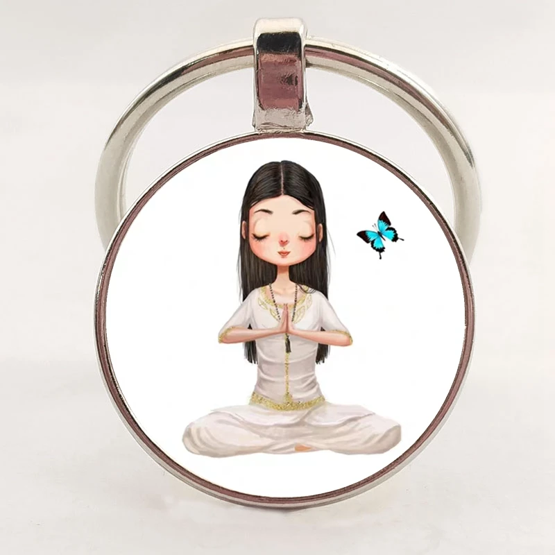 Современный стеклянный круглый брелок I Love Yoga милый мультяшный персонаж Будда