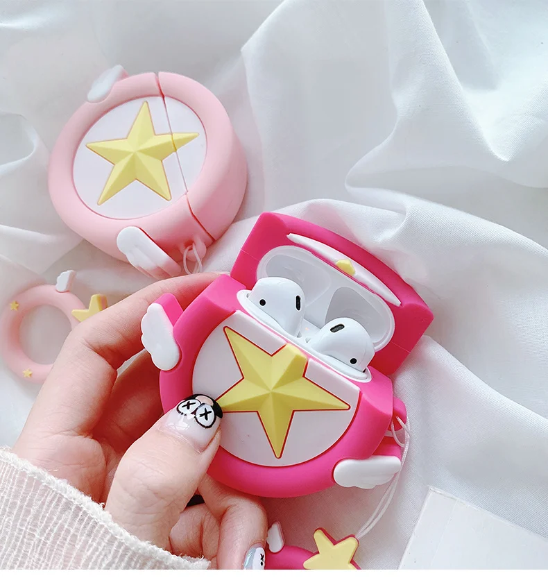 

Чехол для наушников Apple Airpods 1 2, с мультяшными звездами, луной, котом, защитный чехол с ремешком и кольцом на палец, розовый чехол для наушнико...